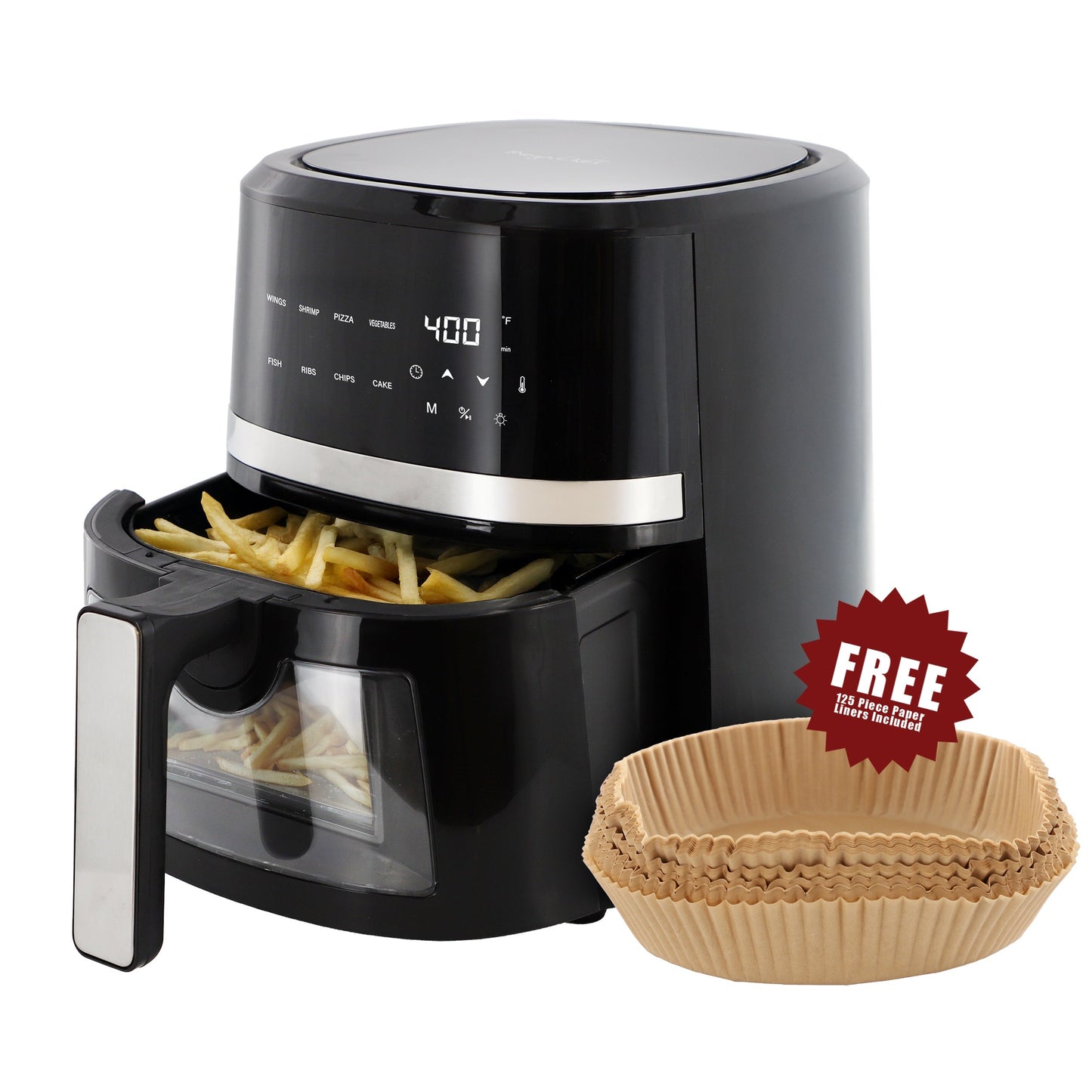 MegaChef 4 Quart Digital LED Display Electric Air Fryer with Transparent Window in Black with 125 Piece Paper Liners W2B