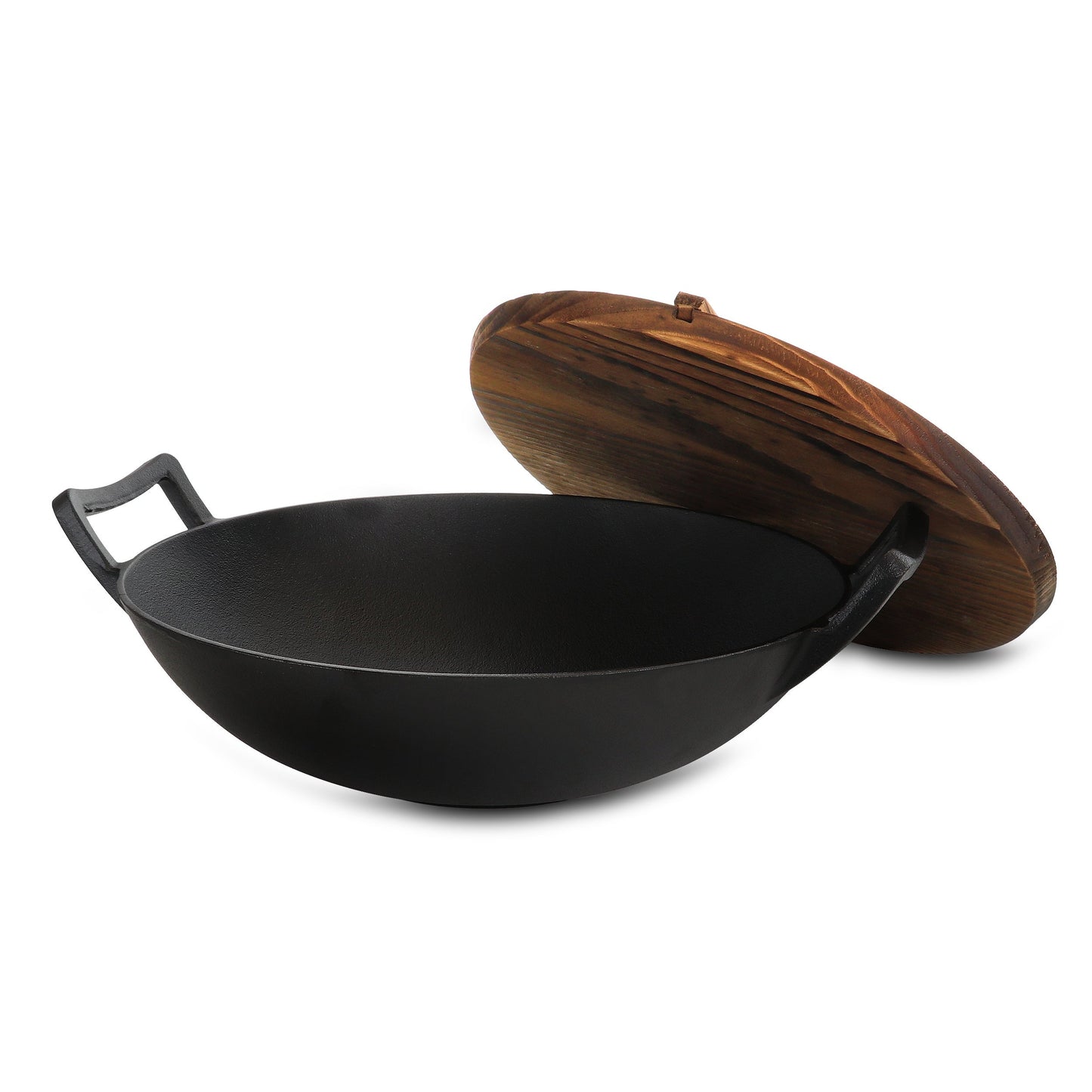 MegaChef 2 Piece 14 Inch Heavy Duty Cast Iron Wok with Wood Lid W2B