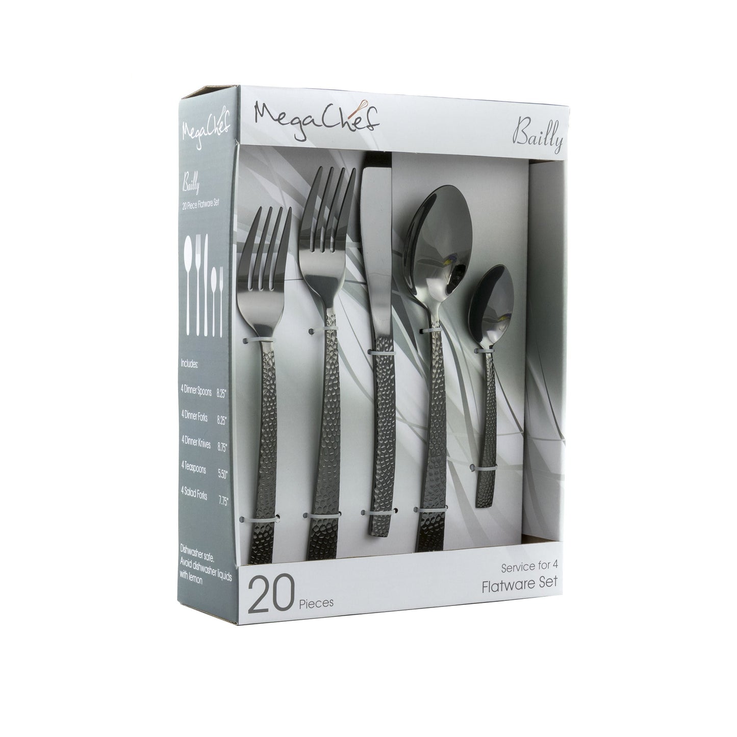 MegaChef Baily 20 Piece Flatware Utensil Set, Stainless Steel Silverware Metal Service for 4 in Black W2B