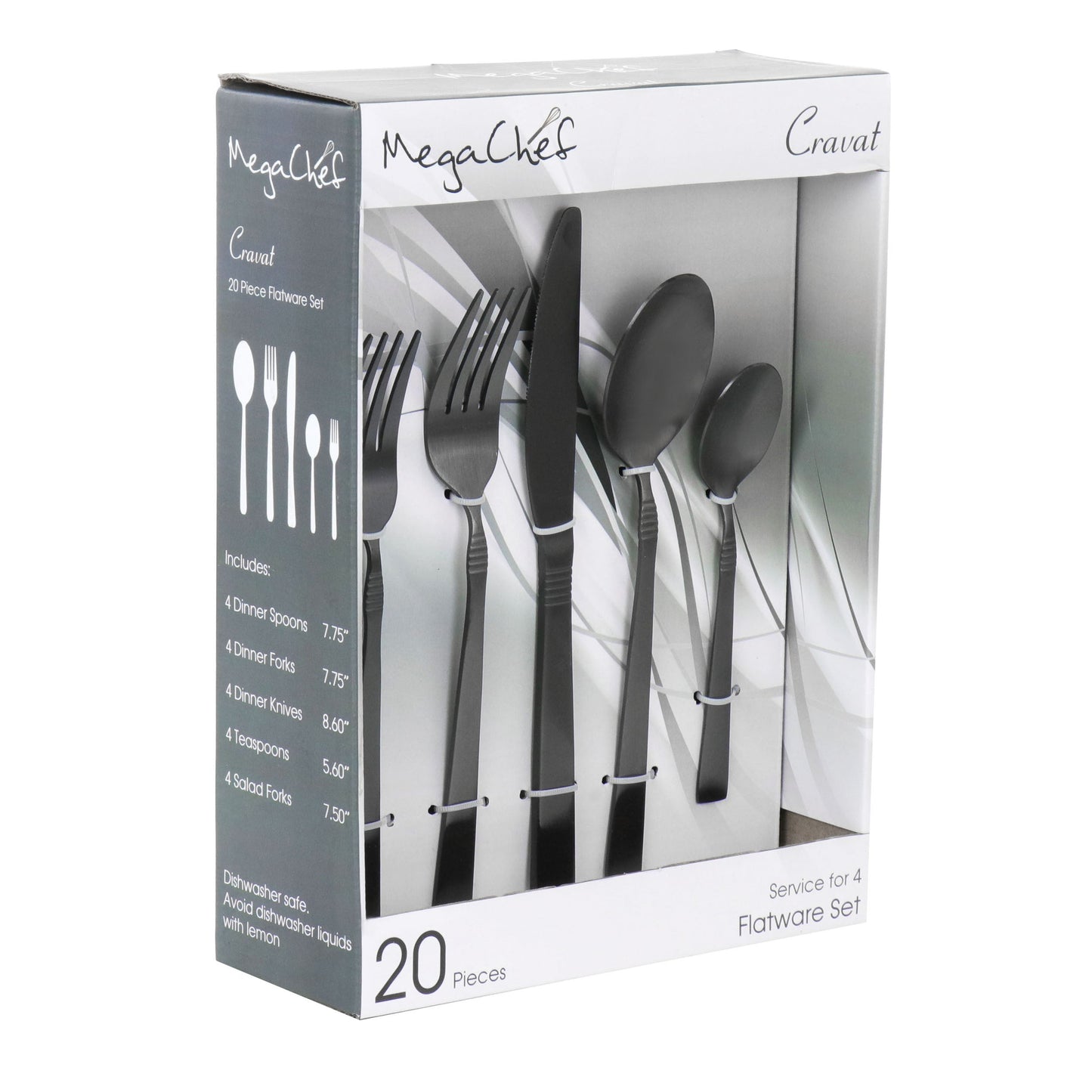 MegaChef Cravat 20 Piece Flatware Utensil Set, Stainless Steel Silverware Metal Service for 4 in Matte Black W2B