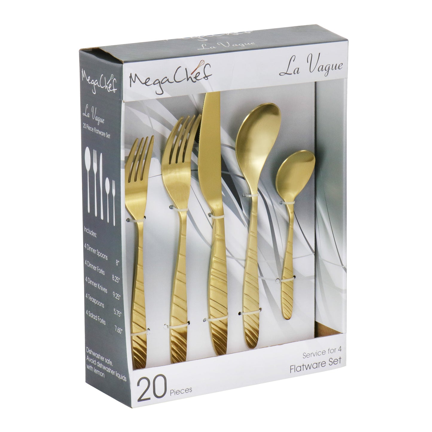 Megachef La Vague 20 Piece Flatware Utensil Set, Stainless Steel Silverware Metal Service for 4 in Matte Gold W2B