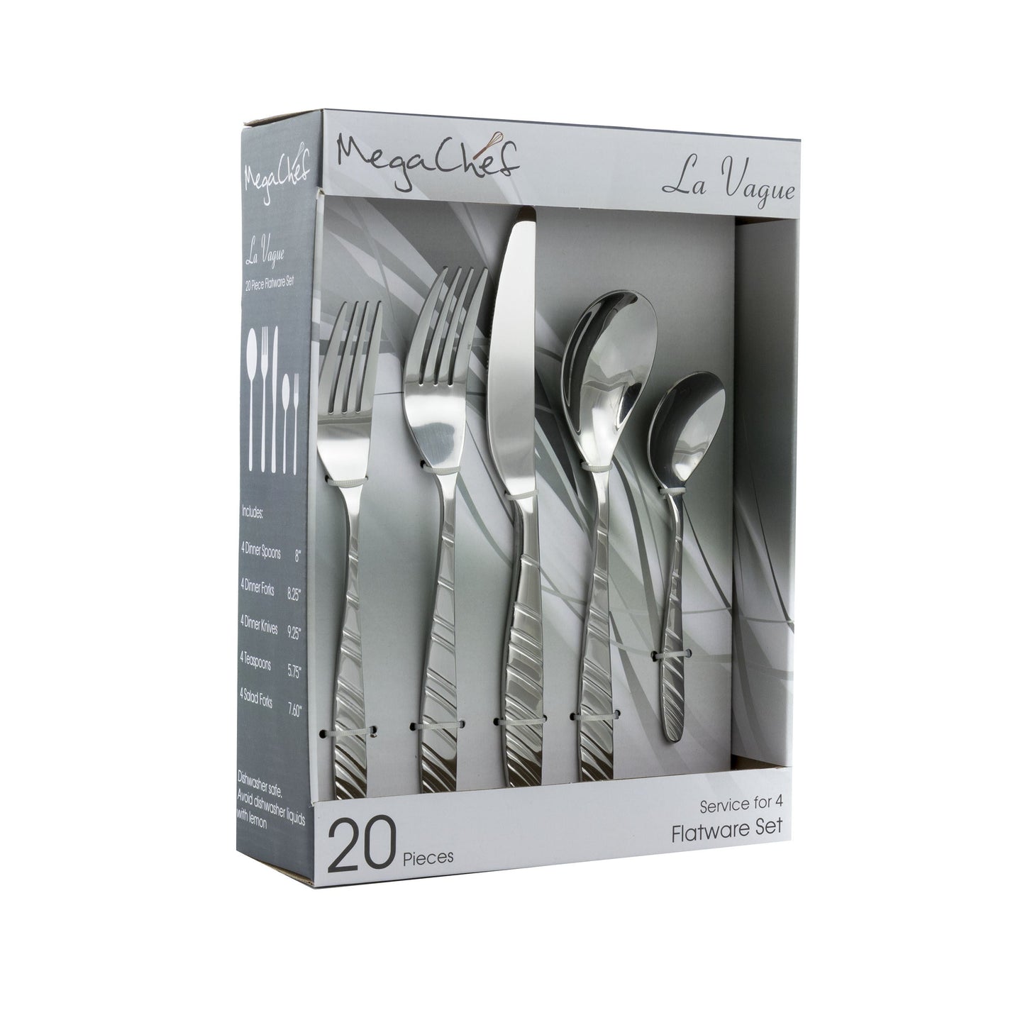 MegaChef La Vague 20 Piece Flatware Utensil Set, Stainless Steel Silverware Metal Service for 4 in Silver W2B
