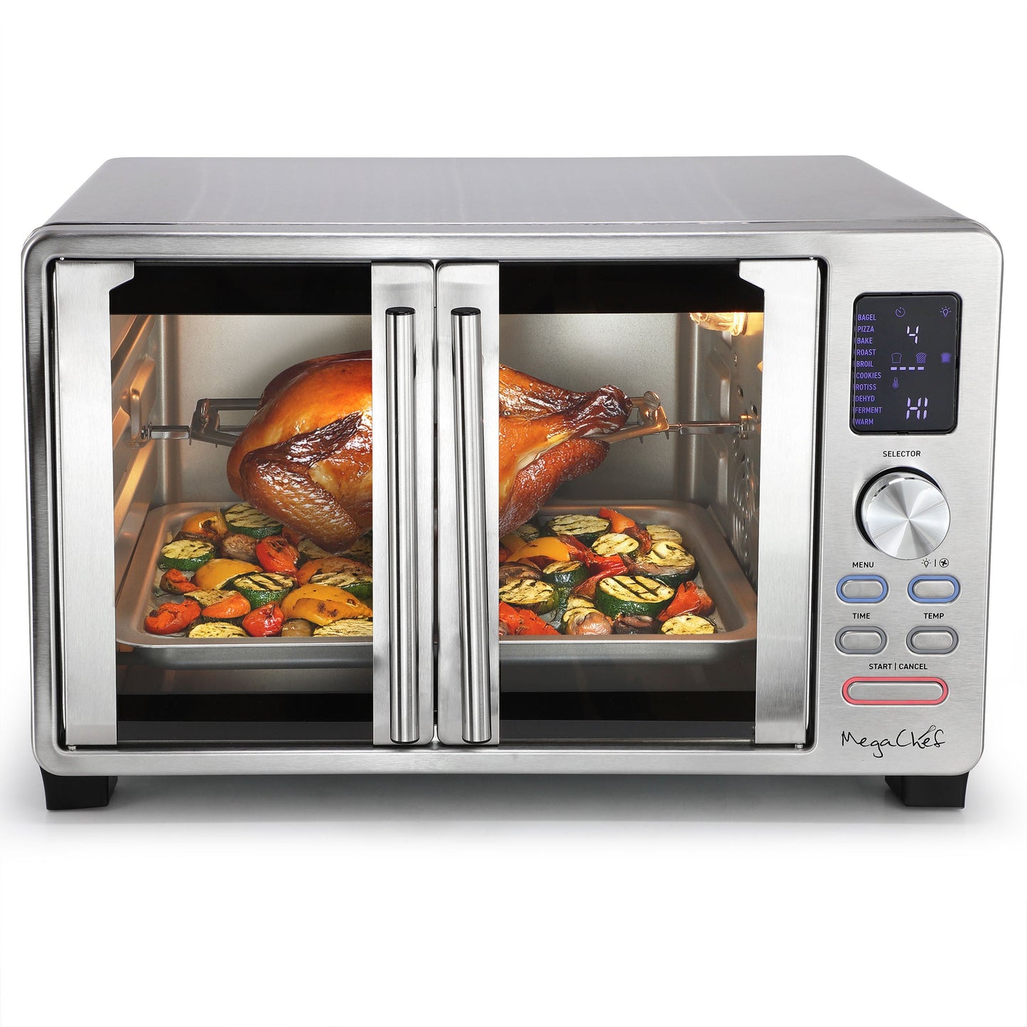 MegaChef 26.4 Quart Digital Electric French Door Multi-Function Stainless Steel Counter Top Oven with Rotisserie Set W2B