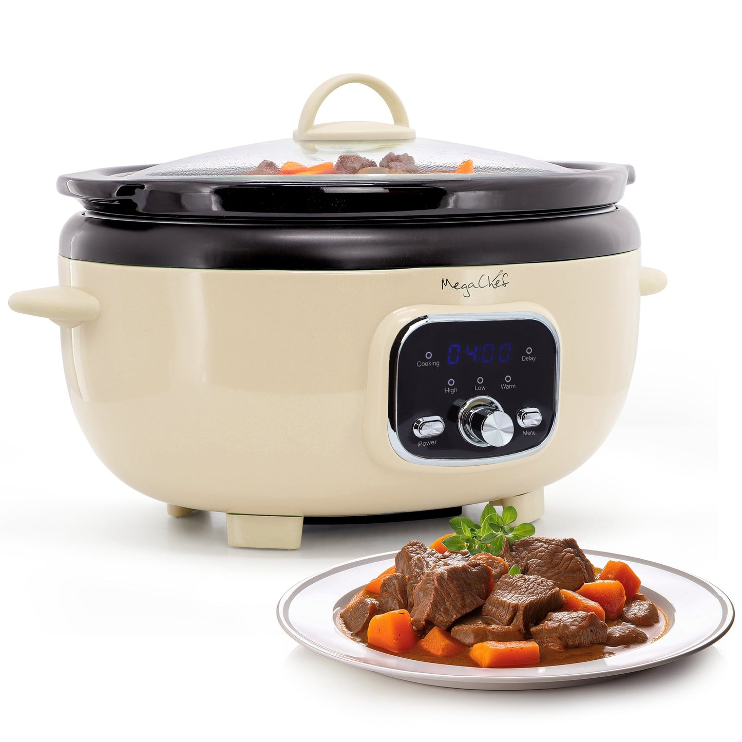 MegaChef 3.7 Quart Oval Electric Digital Slow Cooker in Cream with Black Pot W2B