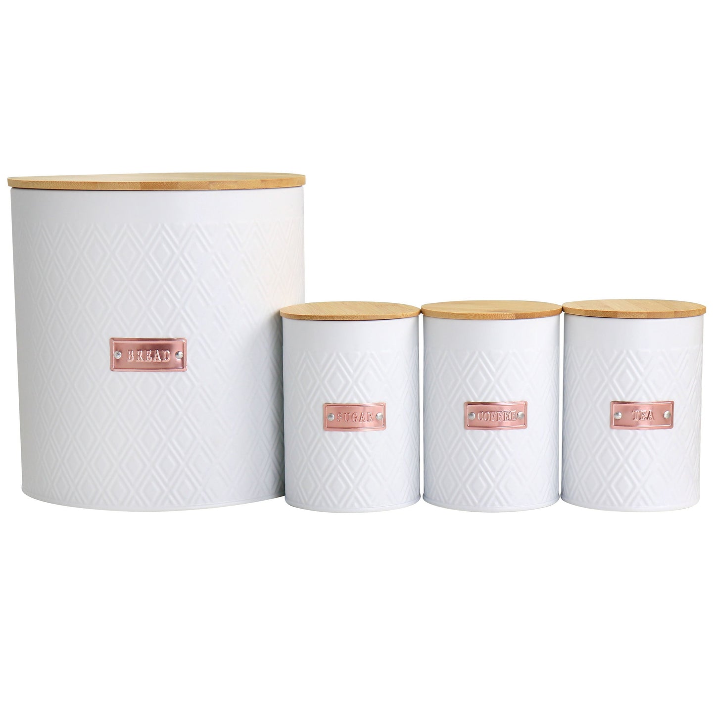 MegaChef Kitchen Food Storage and Organization 4 Piece Argyle Canister Set in White with Bamboo Lids W2B