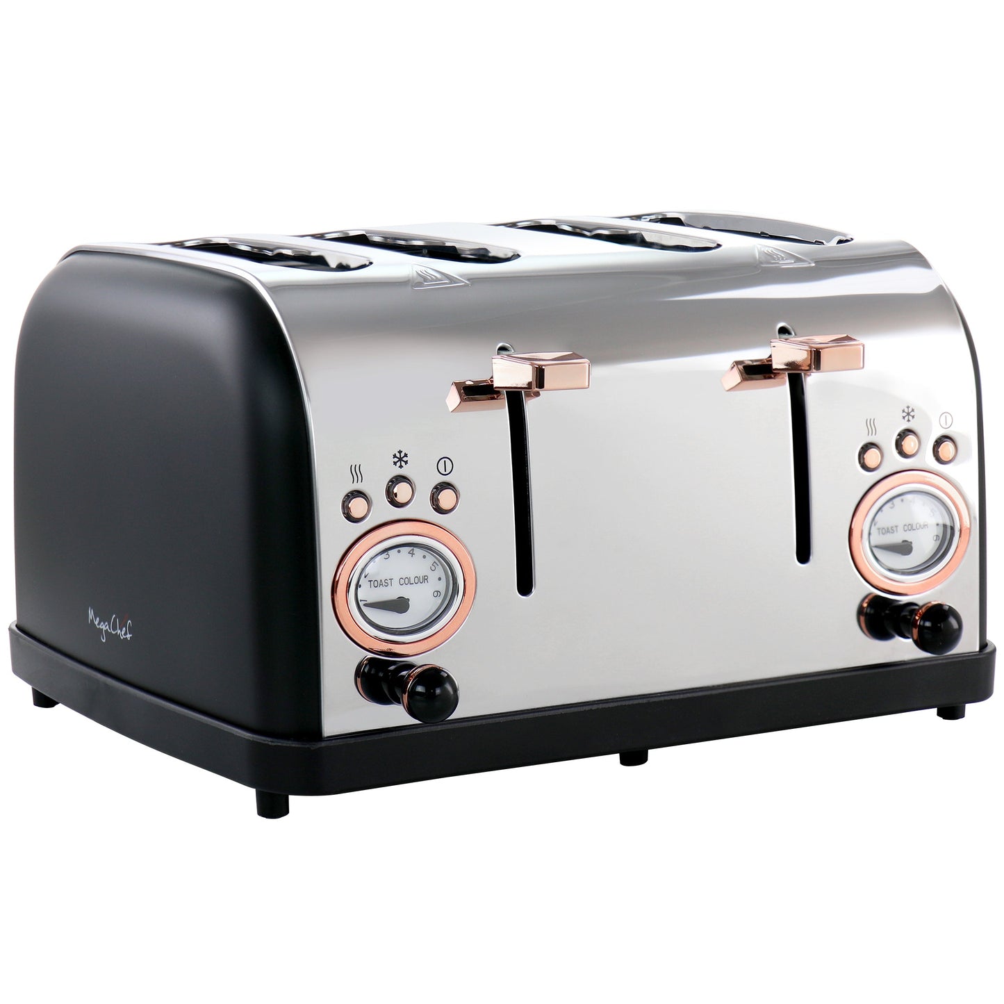MegaChef 4 Slice Wide Slot Toaster with Variable Browning in Black and Rose Gold W2B