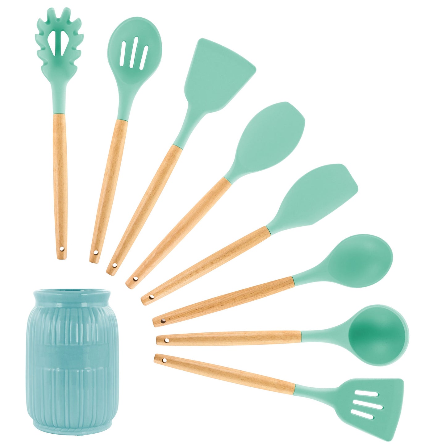 MegaChef Mint Green Silicone and Wood Cooking Utensils, Set of 9 W2B