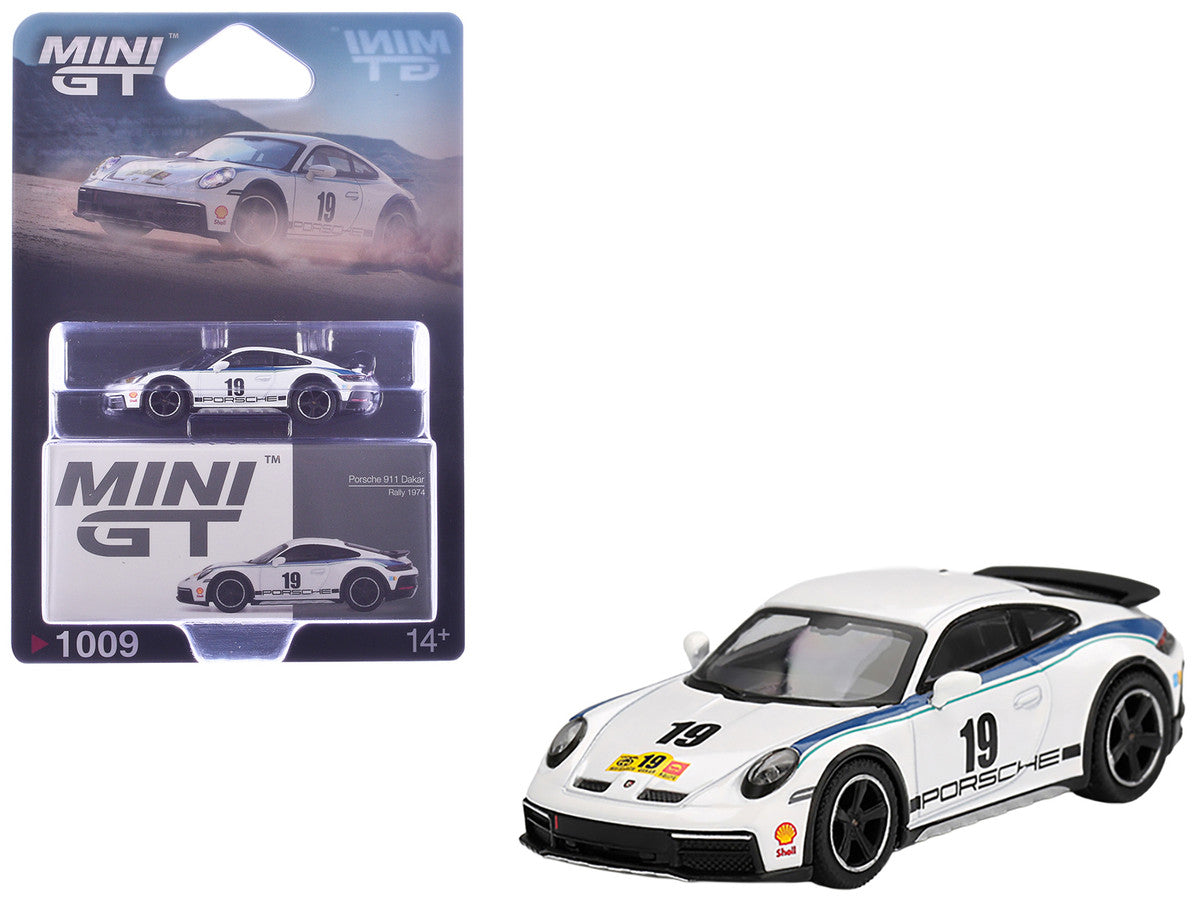 Porsche 911 Dakar #19 "Rally 1974" Tribute Livery White with Blue Stripes Limited Edition 1/64 Diecast Model Car by Mini GT Mini GT