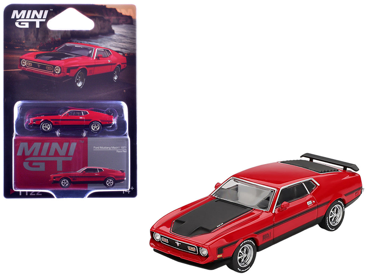1971 Ford Mustang Mach 1 Race Red with Black Hood and Stripes Limited Edition 1/64 Diecast Model Car by Mini GT-3