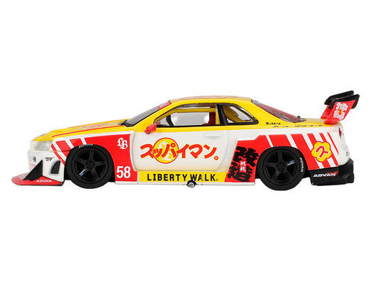 Nissan LB-ER34 Super Silhouette Skyline RHD (Right Hand Drive) #58 "Suppaiman Okinawa" Yellow and White with Graphics Limited Edition 1/64 Diecast Model Car by Mini GT Mini GT