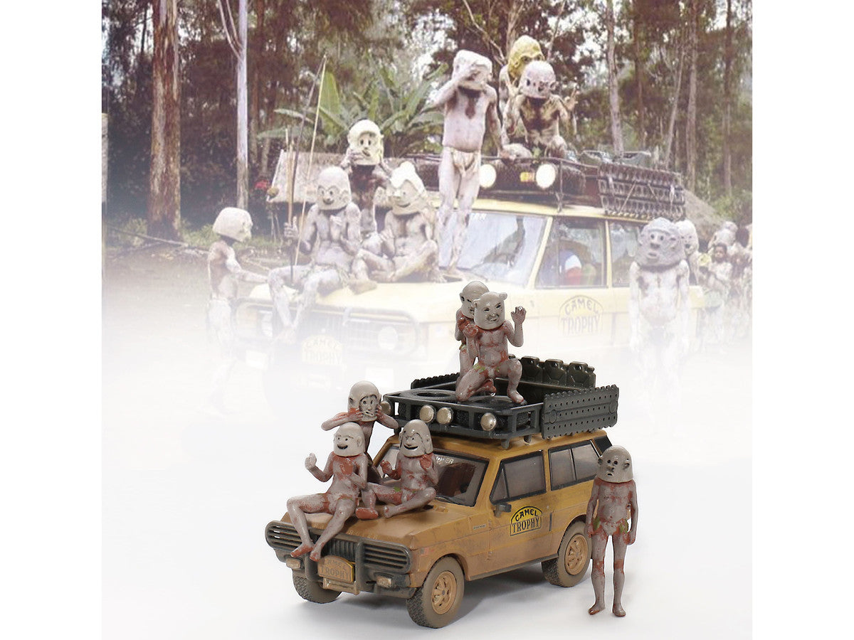 Range Rover with Roofrack Tan (Dirty Version) "Camel Trophy - Papua New Guinea Team USA" (1982) with "Papua New Guinea Asaro Mudmen" 6 piece Figure Set 1/64 Diecast Model Car by Mini GT Mini GT