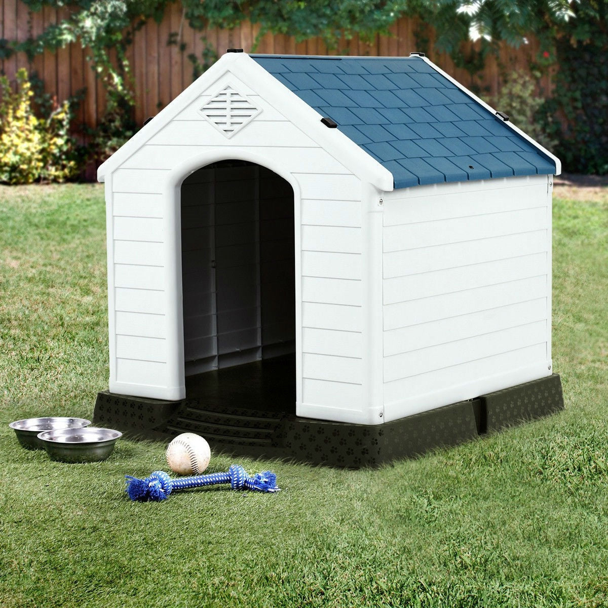 Medium size Outdoor Heavy Duty Blue and White Plastic Dog House FastFurnishings