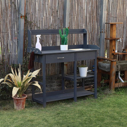 Grey Wood Outdoor Garden Potting Bench Storage Shelf with Removeable Sink FastFurnishings