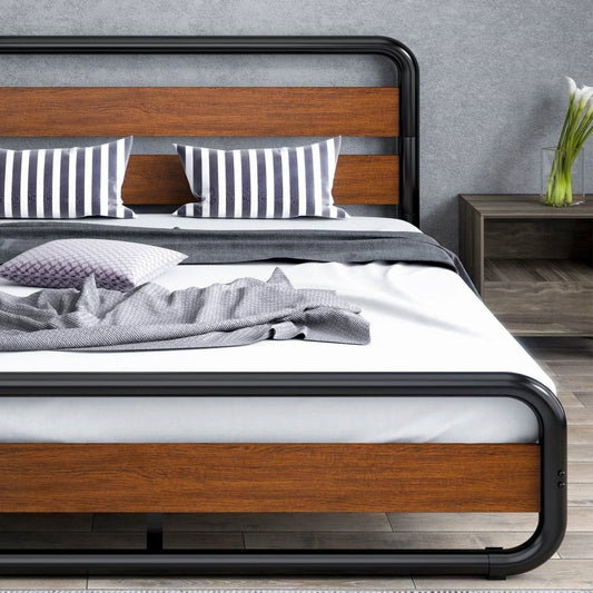 Queen Heavy Duty Modern Industrial Metal Wood Platform Bed Frame with Headboard W2B
