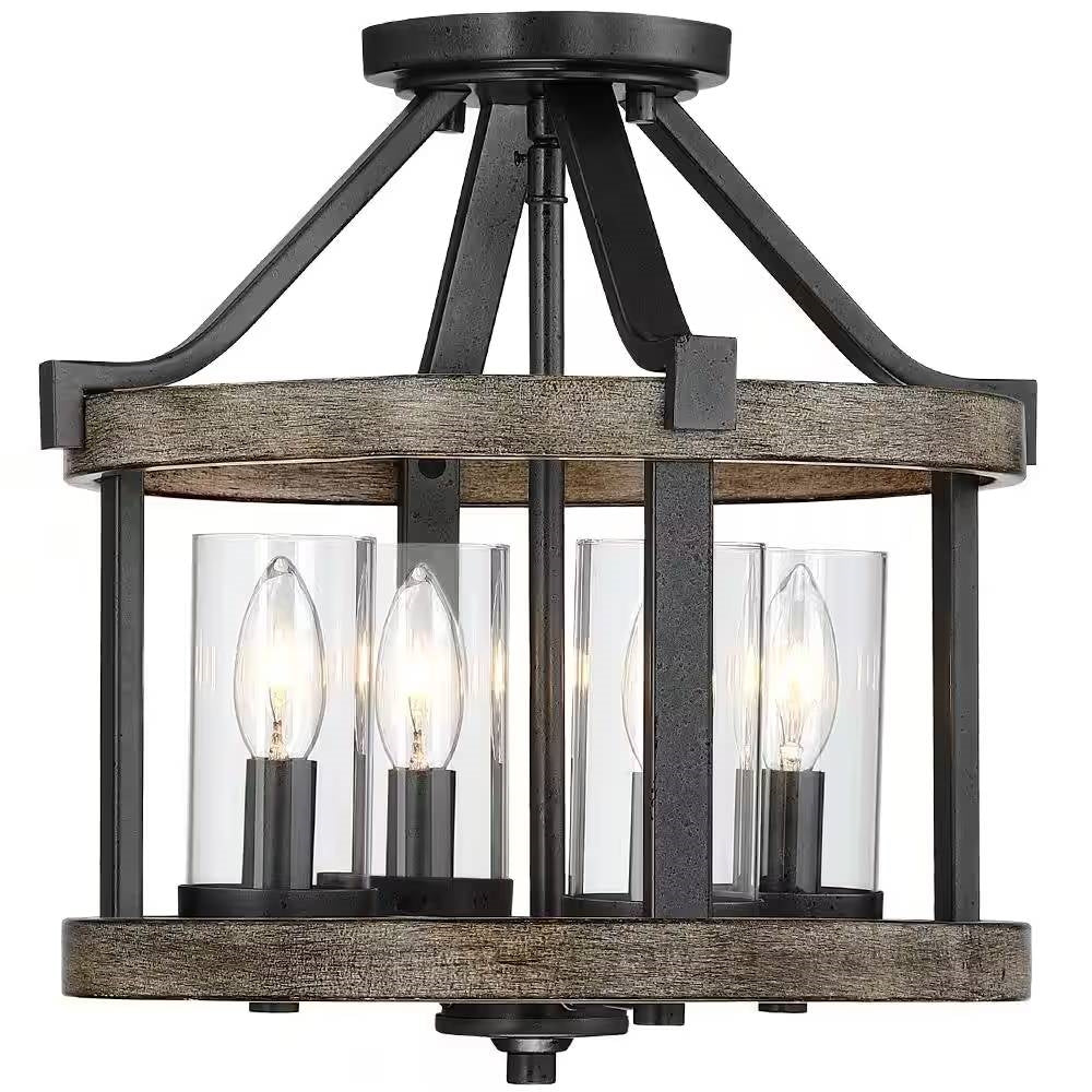 Round 4-Light 12.5-inch Metal Wood Farmhouse Ceiling Lamp - Semi-Flush Mount FastFurnishings