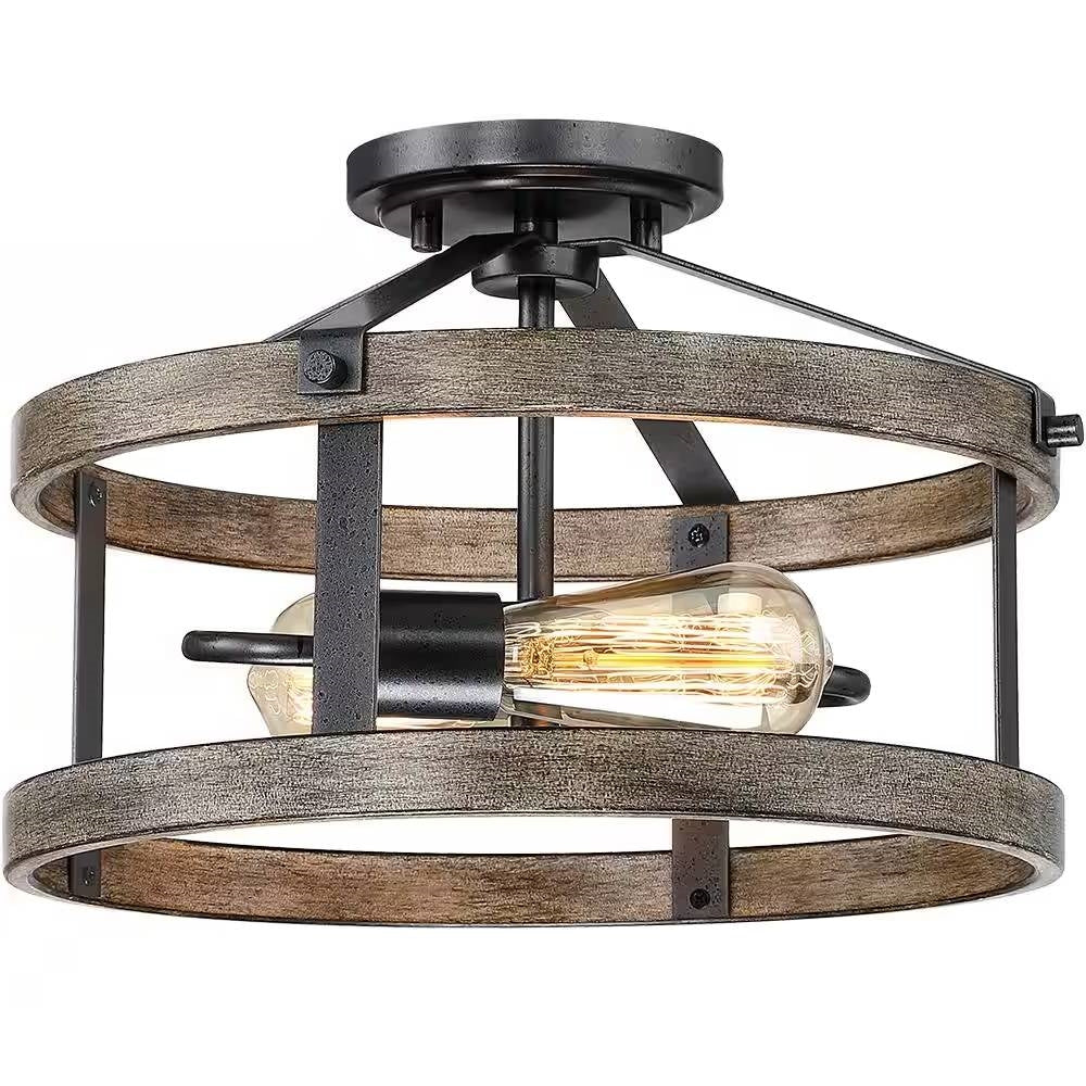 Round 13-inch Metal Wood Farmhouse 2-Light Ceiling Lamp - Semi-Flush Mount FastFurnishings