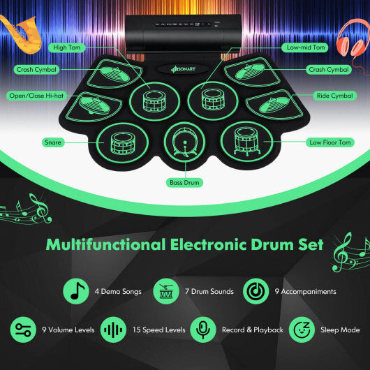 Electronic Drum Set with 2 Build-in Stereo Speakers for Kids-Green - Color: Green W2B