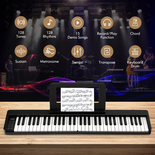 61-Key Folding Piano Keyboard with Full Size Keys and Music Stand-Black W2B