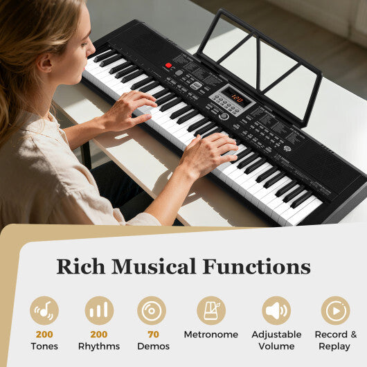 61 Keys Portable Keyboard for Beginners Electric Piano Keyboard Kit with 200 Rhythms and 200 Tones-Black W2B