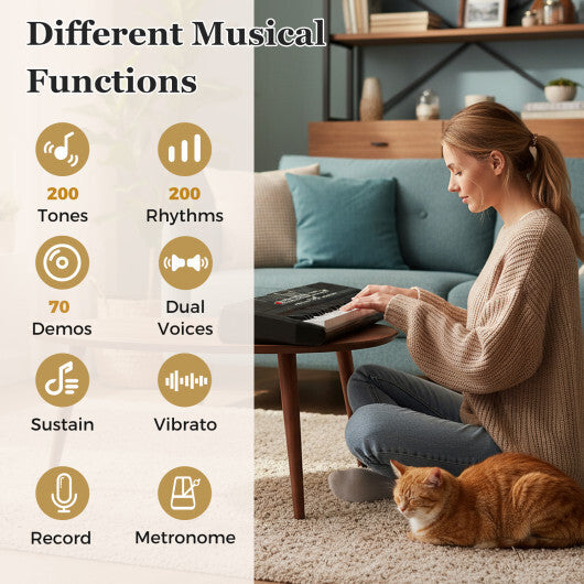 61 Keys Beginners Piano Keyboard Electric Keyboard Kit with Adjustable Stand and Stool-Black W2B