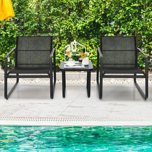 3 Pieces Patio Bistro Furniture Set with Glass Top Table Garden Deck-Black W2B