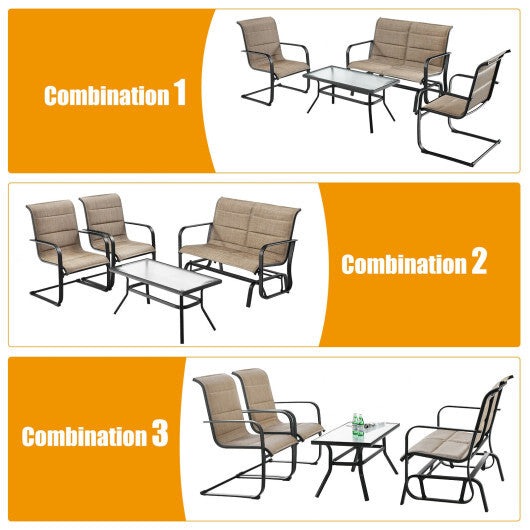 4 Pieces Outdoor Patio Furniture Set with Padded Glider Loveseat and Coffee Table-Brown W2B