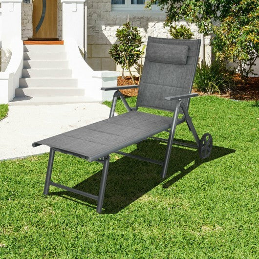 Patio Reclining Chaise Lounge with Adjust Neck Pillow-Gray W2B