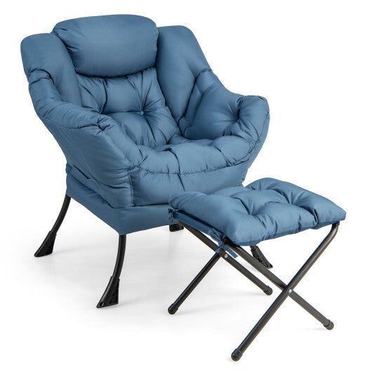 Modern Accent Sofa Chair with Folding Footrest and Side Pocket-Navy W2B