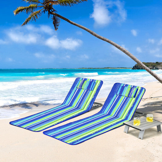 3 Pieces Beach Lounge Chair Mat Set 2 Adjustable Lounge Chairs with Table Stripe-Blue W2B