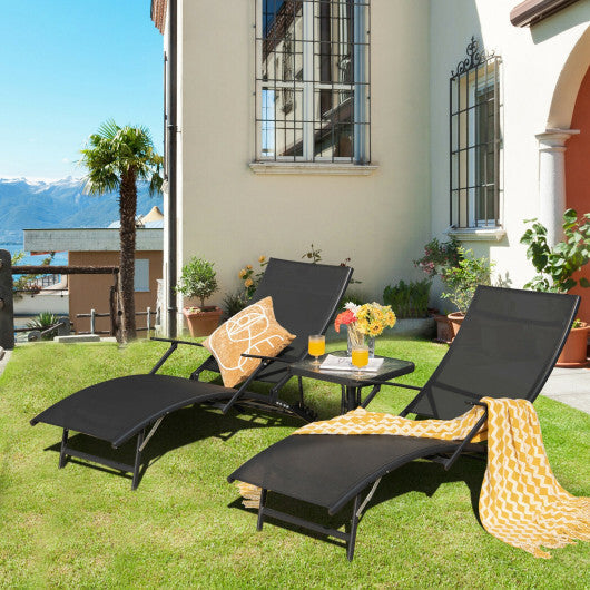 2 Pieces Patio Folding Stackable Lounge Chair Chaise with Armrest-Black W2B