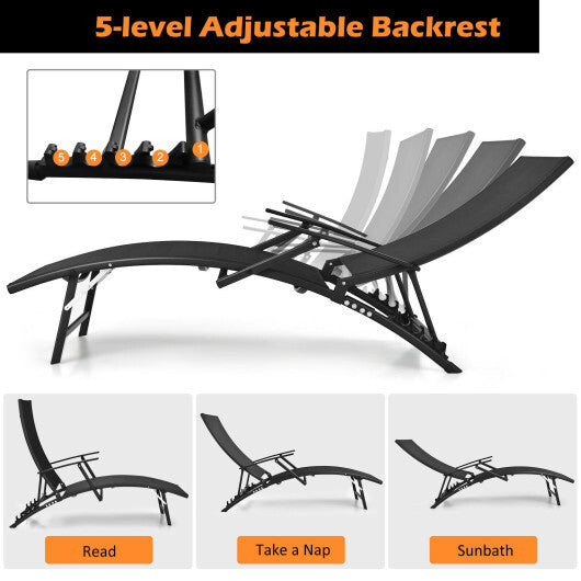 2 Pieces Patio Folding Stackable Lounge Chair Chaise with Armrest-Black W2B