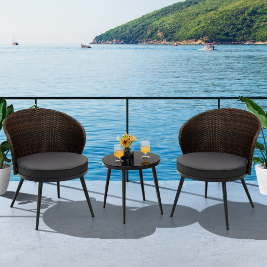 3 Pieces Patio Rattan Bistro Set with 2 Seat Cushions and Tempered Glass Tabletop-Brown W2B