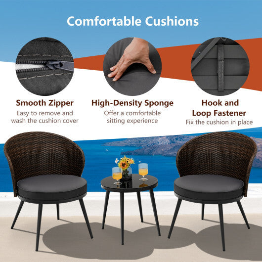 3 Pieces Patio Rattan Bistro Set with 2 Seat Cushions and Tempered Glass Tabletop-Brown W2B