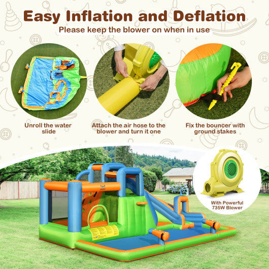 7-in-1 Inflatable Giant Water Park Bouncer with Dual Climbing Walls and 735W Blower W2B