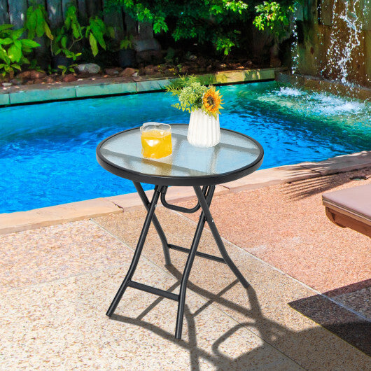 Set of 2 Round Patio Side Table with Tempered Glass Top-Black W2B