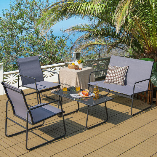 4 Pieces of Metal Patio Furniture Chat Set with Tempered Glass Coffee Table W2B