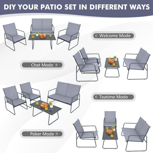 4 Pieces of Metal Patio Furniture Chat Set with Tempered Glass Coffee Table W2B