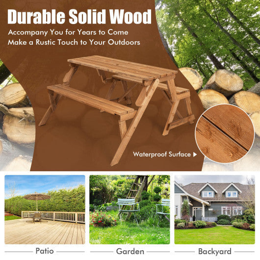 2-in-1 Transforming Interchangeable Wooden Picnic Table Bench with Umbrella Hole-Dark Brown W2B