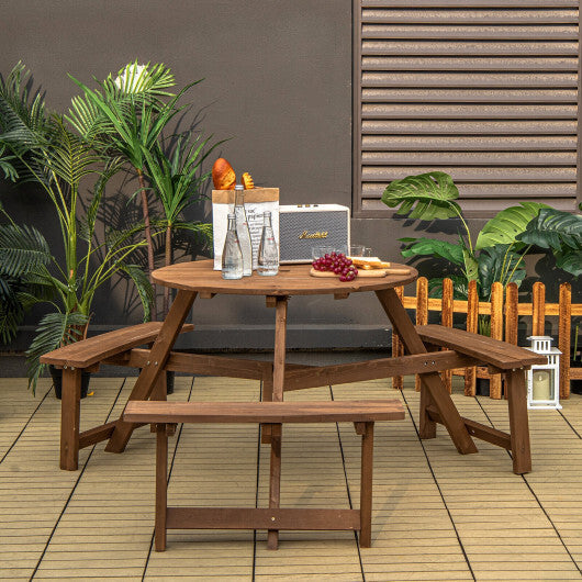 6-person Round Wooden Picnic Table with Umbrella Hole and 3 Built-in Benches-Dark Brown W2B