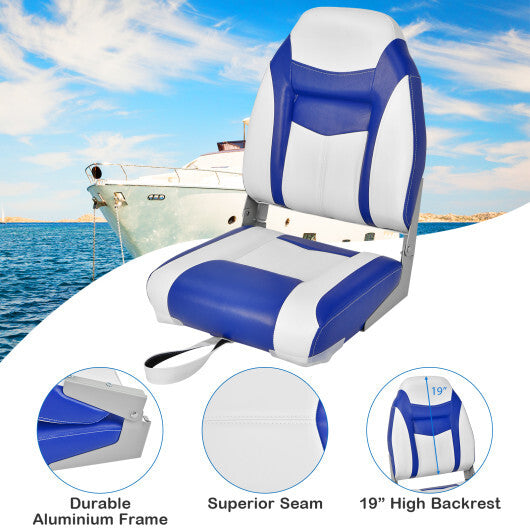 High Back Folding Boat Seat with Blue White Sponge Cushion and Flexible Hinges-Blue W2B