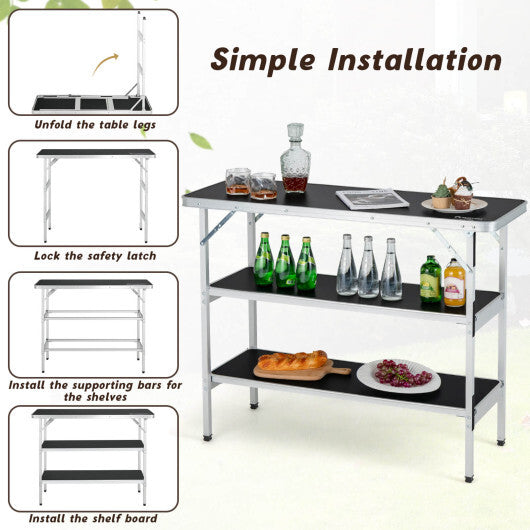 Folding Camping Table with 2-Tier Open Shelves for Outdoor BBQ-Coffee W2B