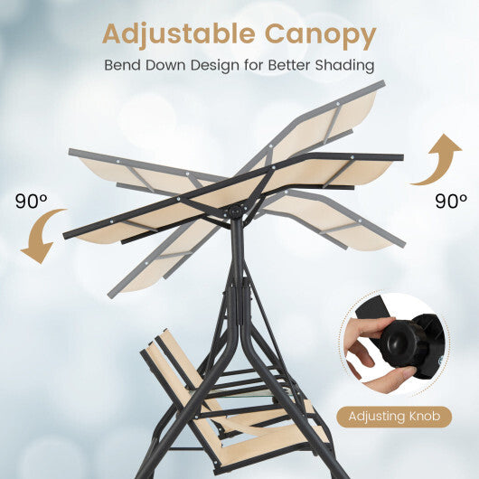 2-Seat Outdoor Cushioned Porch Swing with Adjustable Canopy and Tempered Glass Table-Beige W2B