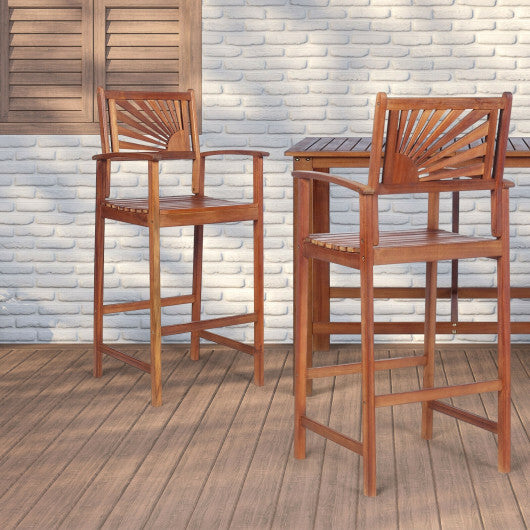 2 Pieces Outdoor Acacia Wood Bar Chairs with Sunflower Backrest and Armrests W2B