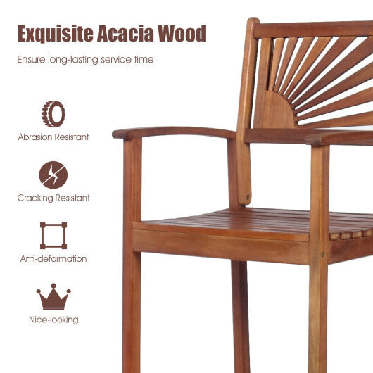 2 Pieces Outdoor Acacia Wood Bar Chairs with Sunflower Backrest and Armrests W2B