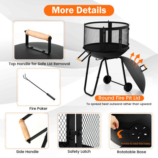 28 Inch Portable Fire Pit on Wheels with Log Grate-Black W2B