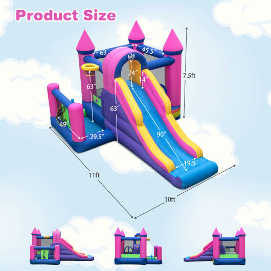 7-in-1 Kids Inflatable Bounce House with Long Slide and 735W Blower