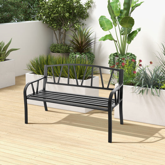 Patio Garden Bench with Metal Frame and Slatted Seat-Black W2B