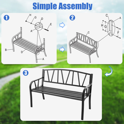 Patio Garden Bench with Metal Frame and Slatted Seat-Black W2B