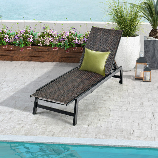 Patio PE Rattan Chaise Lounge with 5-Level Backrest and Wheels-Brown W2B
