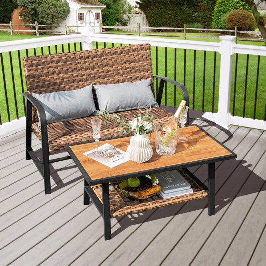 2 Pieces Patio Rattan Coffee Table Set with Shelf and Quick Dry Cushion W2B